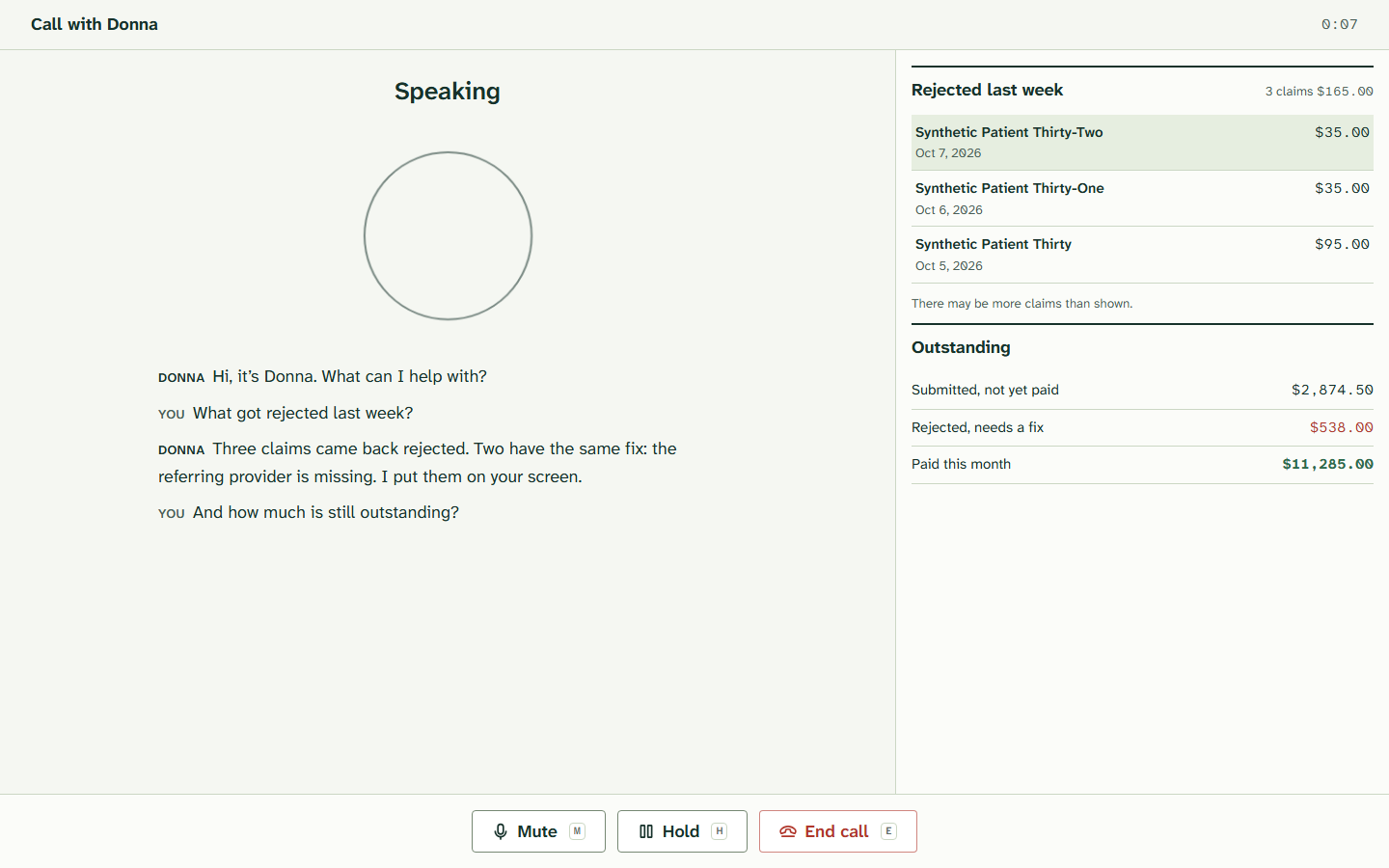 A physician on a voice call with Moya, with the transcript and related claims on screen